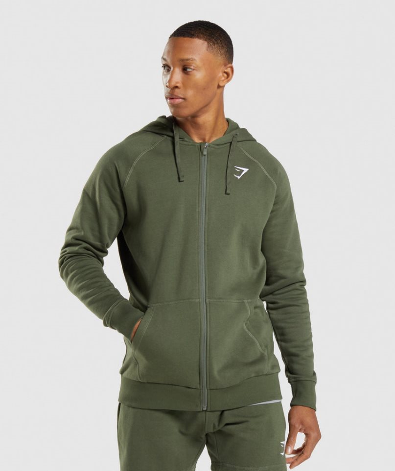 Men\'s Gymshark Crest Zip Up Hoodie Olive | CA N68DA3